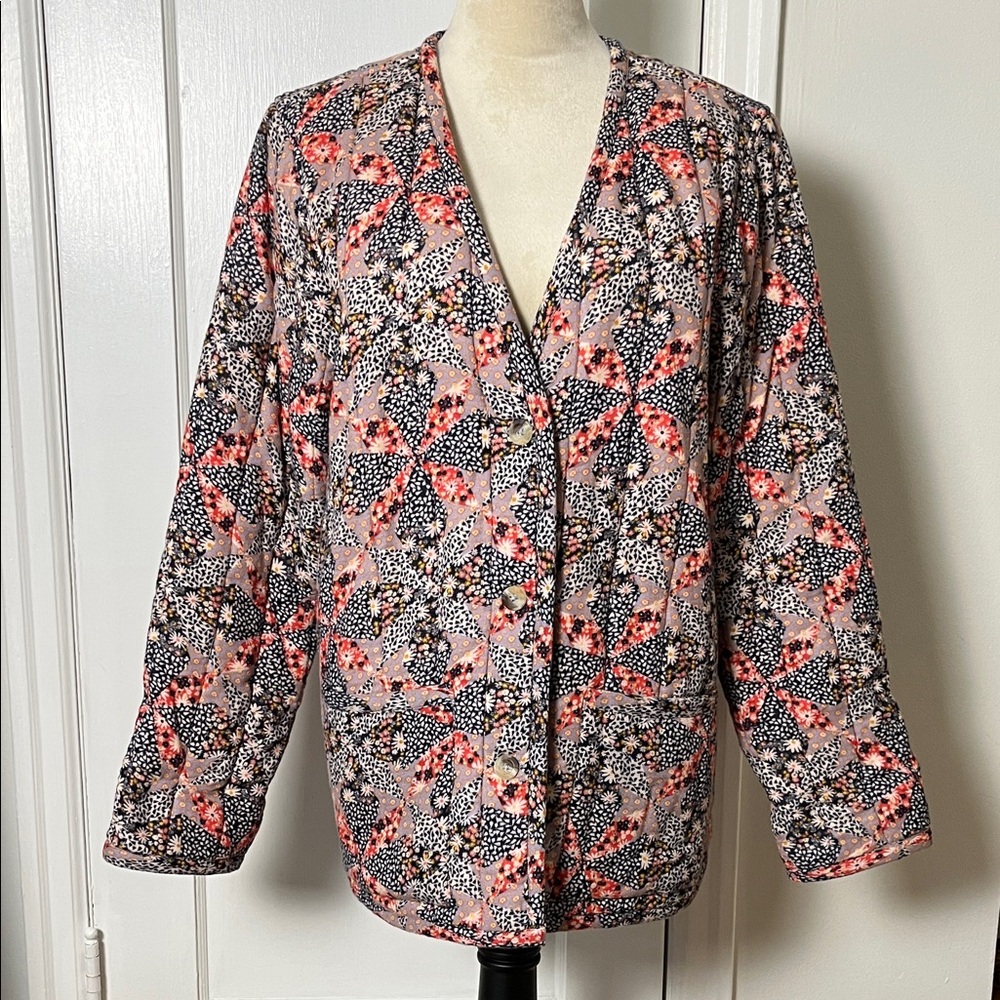 Garnet Hill Quilted Floral Patchwork Jacket in Pink and Black